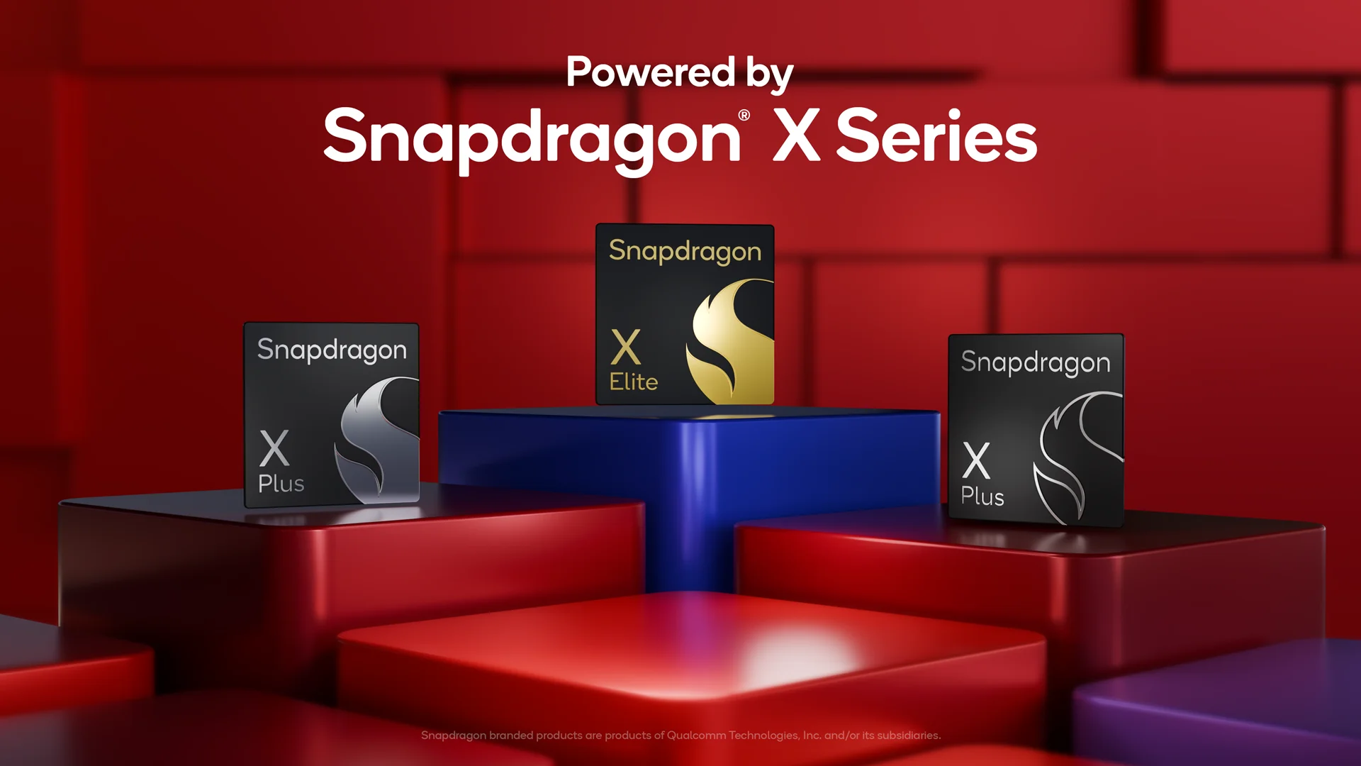 Snapdragon X Series key art — X Elite and X Plus chip badges on red and blue pedestals