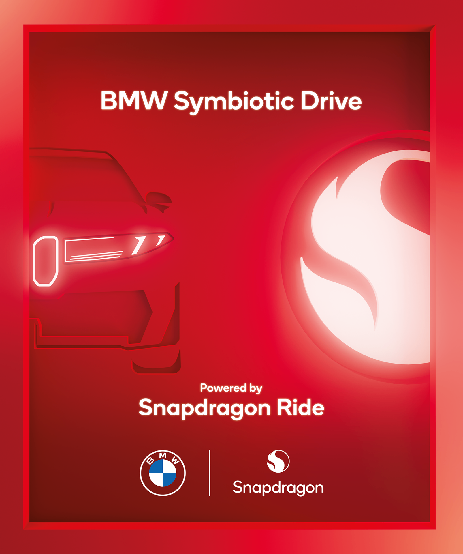 BMW Symbiotic Drive print key art — BMW exterior with Snapdragon-powered cockpit graphics